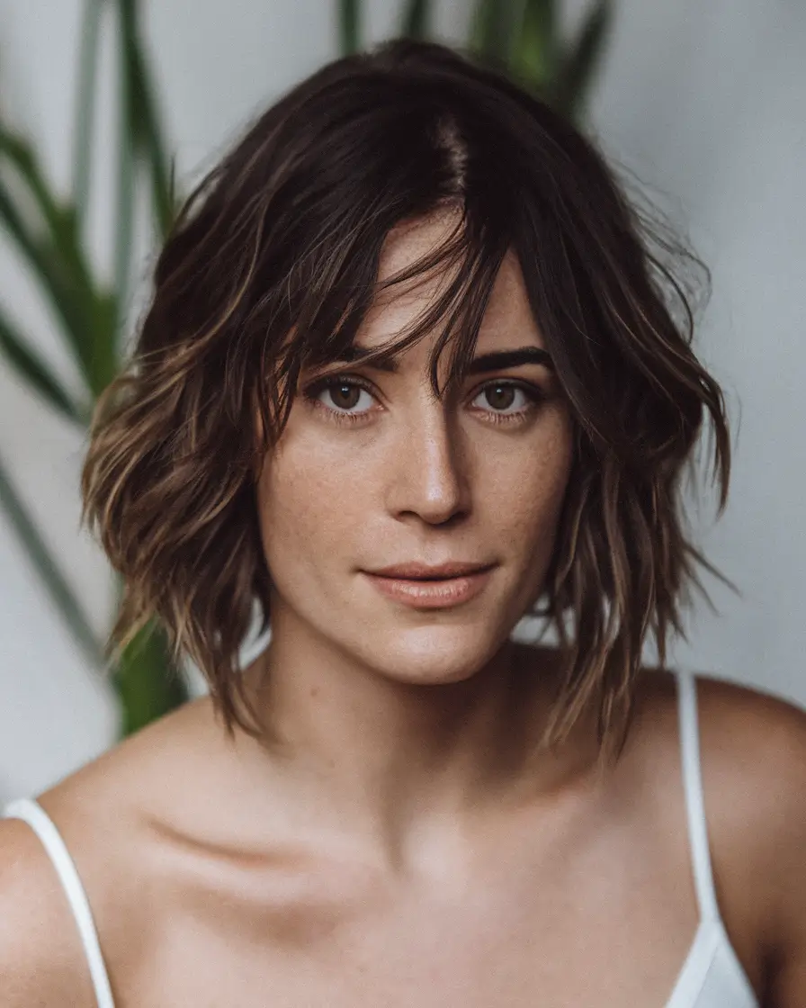 oval face haircuts short Choppy Layers with Wispy Curtain Fringe