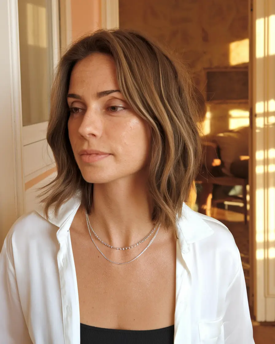 oval face haircuts medium Piecey Waves with Natural Warm Highlights