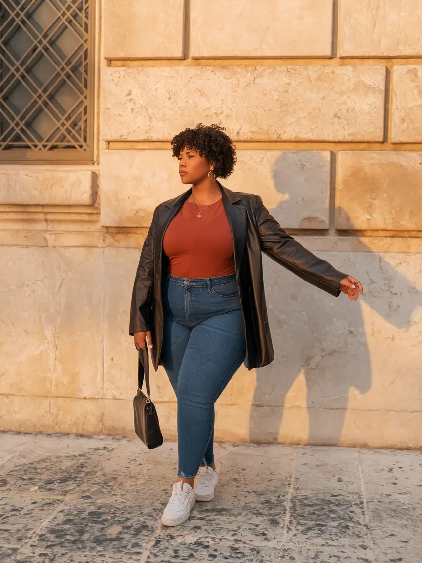 plus size fall fashion Leather Blazer Cool Meets Street Smart