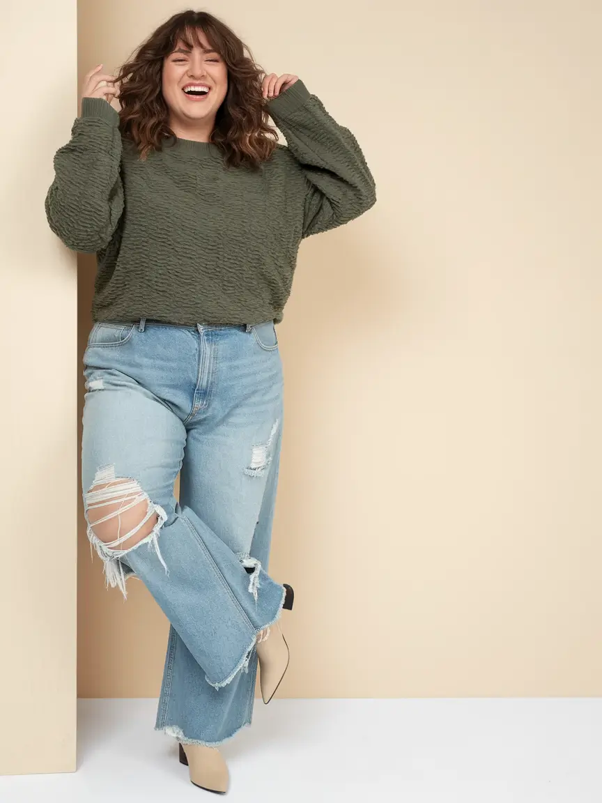 plus size fall fashion Relaxed Texture and Ripped Denim Magic