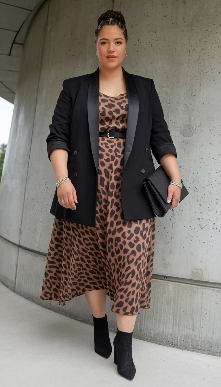 plus size fall fashion Leopard & Black Blazer Combo: Wild, Refined, Unforgettable