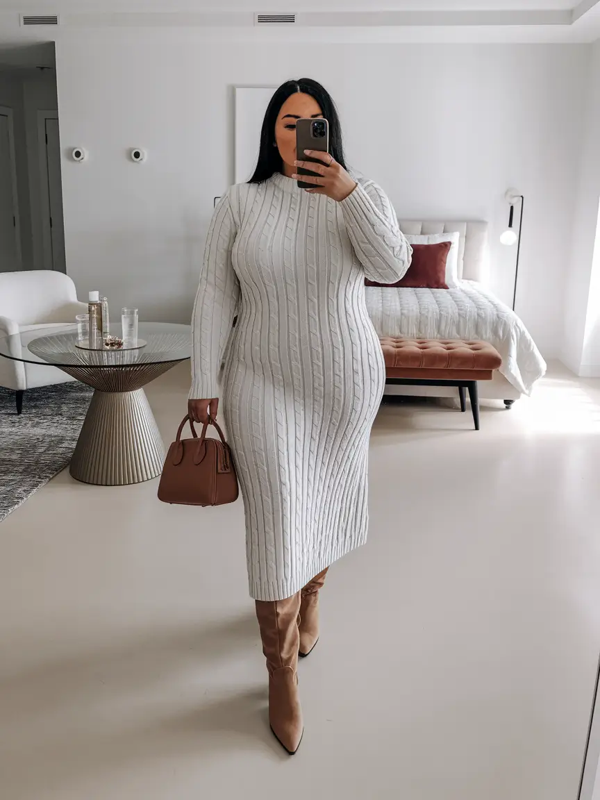 plus size fall fashion Winter-White Cable Knit Elegance