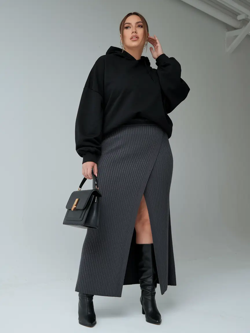 plus size fall fashion Streetwear Meets Luxe: Hoodie and Knit Skirt Perfection