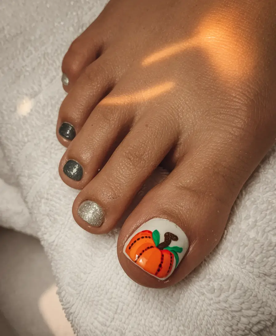 september toe nails designs+Pumpkin Accent with a Metallic Twist