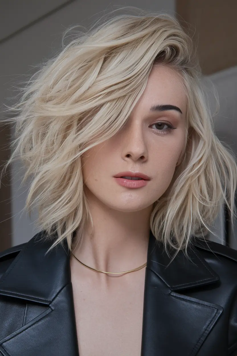 fall haircuts 2025 + Feathered Platinum Bob with Rocker Texture