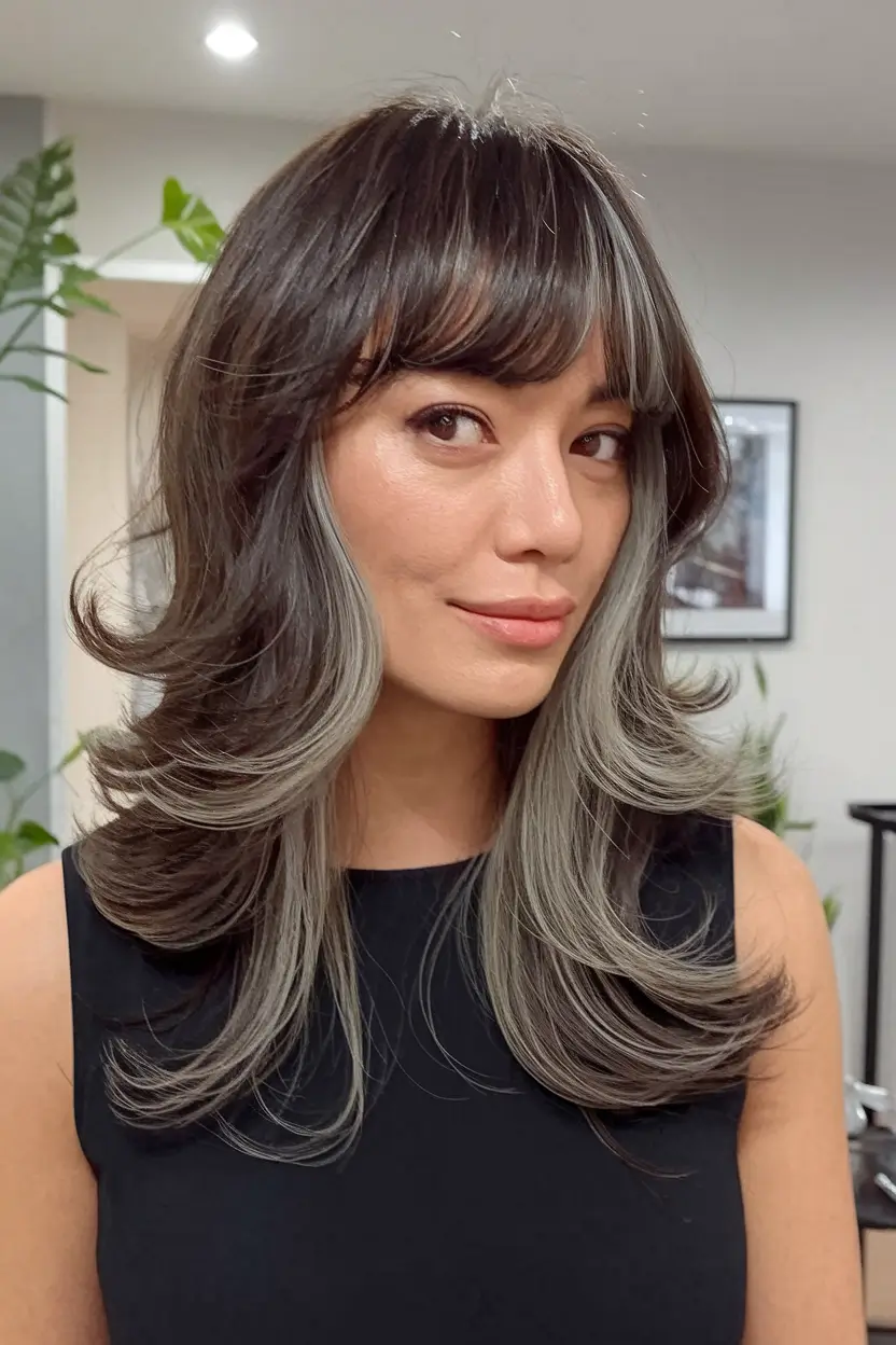 fall haircuts 2025 + Two-Tone Flair with Feathered Curtain Bangs