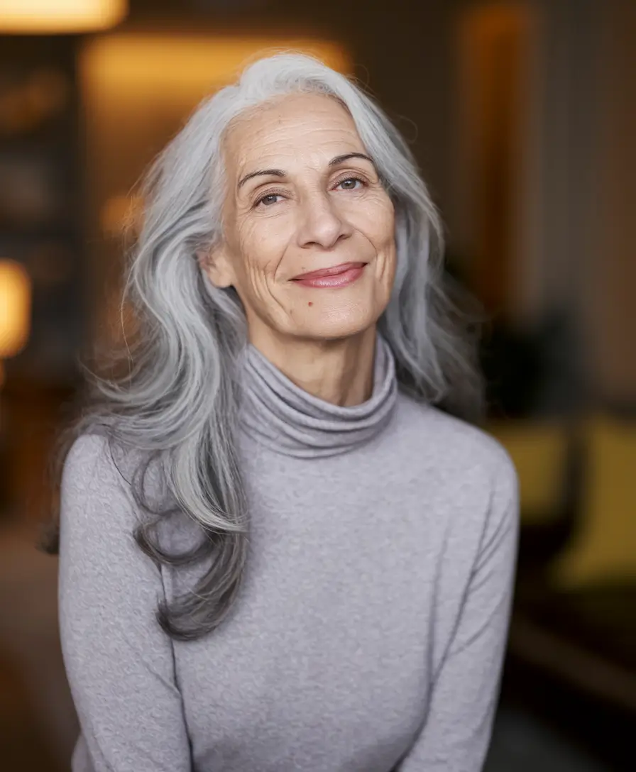 Fall haircuts for women over 50 Timeless Flowing Layers with Natural Silver