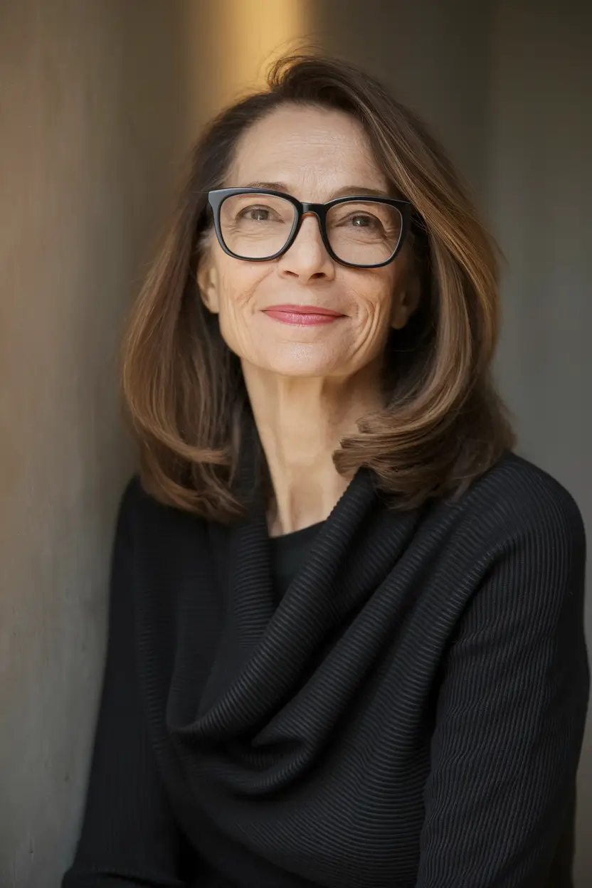 Fall haircuts for women over 50 Polished Medium Long Layers with Glasses