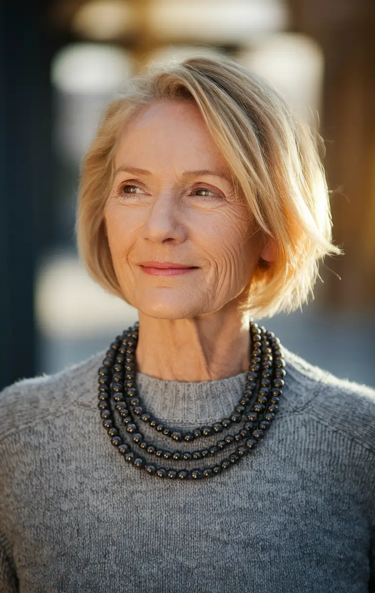 Fall haircuts for women over 50 Feathered Shoulder-Length Cut with Soft Blonde Tones