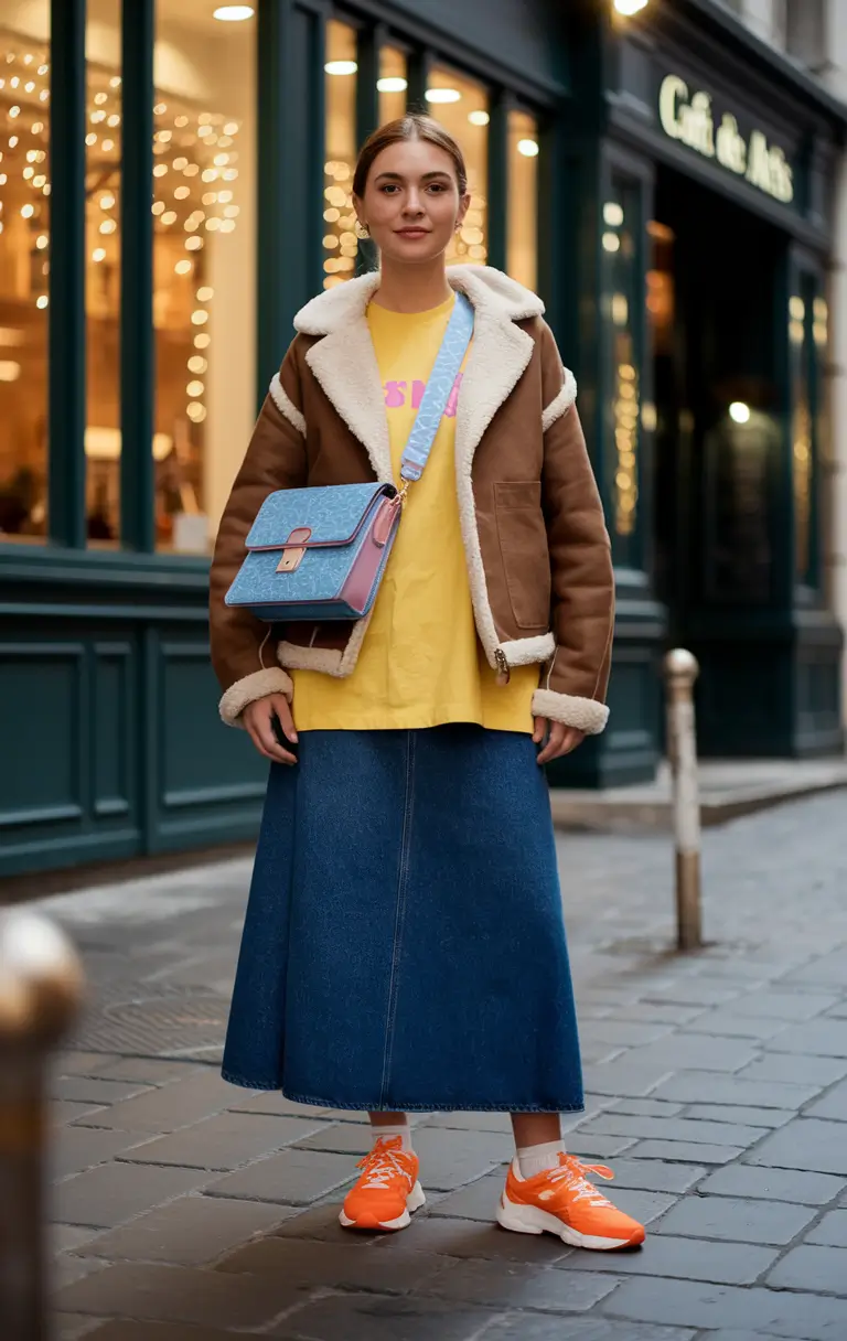 fall fashion trends for women 2025 Denim Skirts and Sporty Color Pop