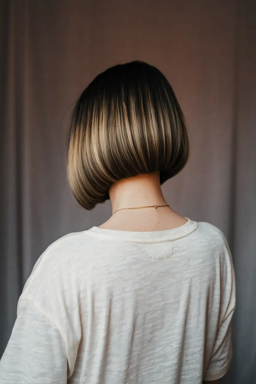 fall hair color for brunettes 2025 Toasted Root Blend on a Sculpted Bob