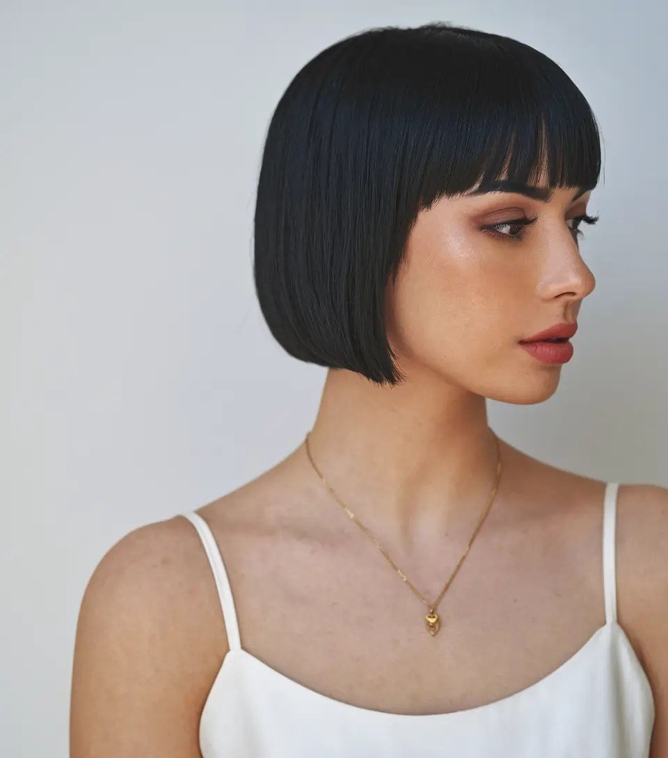 fall hair colors for black women Inky Black Bob with Baby Bangs