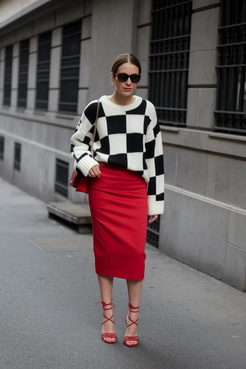 fall skirt outfits women Bold Checkerboard and Fire Red Energy