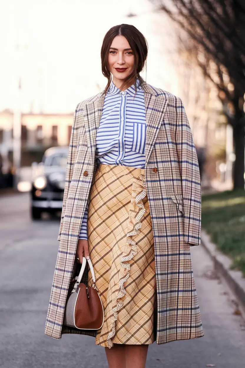 fall skirt outfits 2025 Plaid on Plaid With a Ruffled Twist