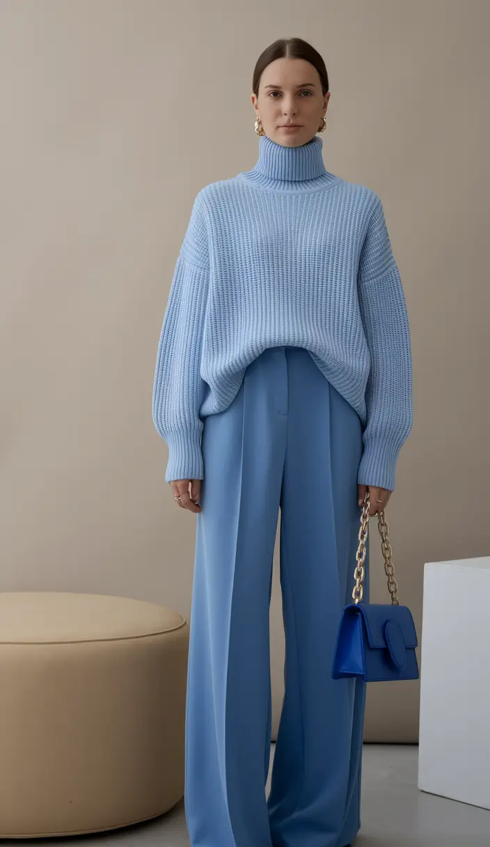 classy business casual Monochrome Blue Power Suiting (But Make It Cozy)