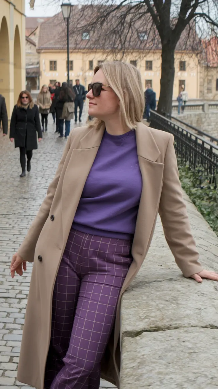 warm fall outfits work Modern Neutrals with a Purple Punch