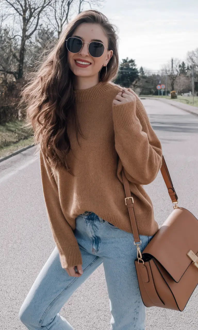 warm fall outfits jeans Cozy Tan and Cool Denim