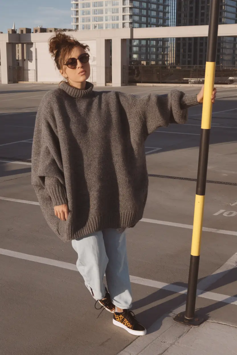 warm fall outfits jeans Oversized Layers and Leopard Kicks