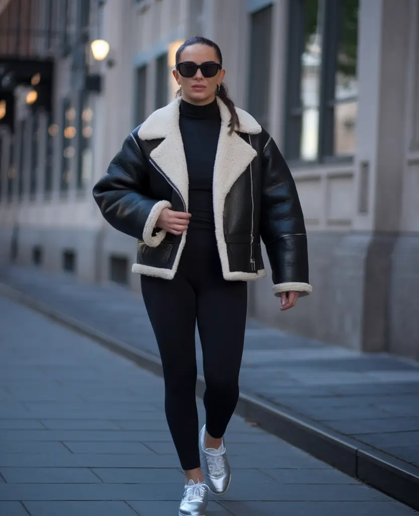 warm fall outfits casual Sporty Cool in Shearling and Sneakers