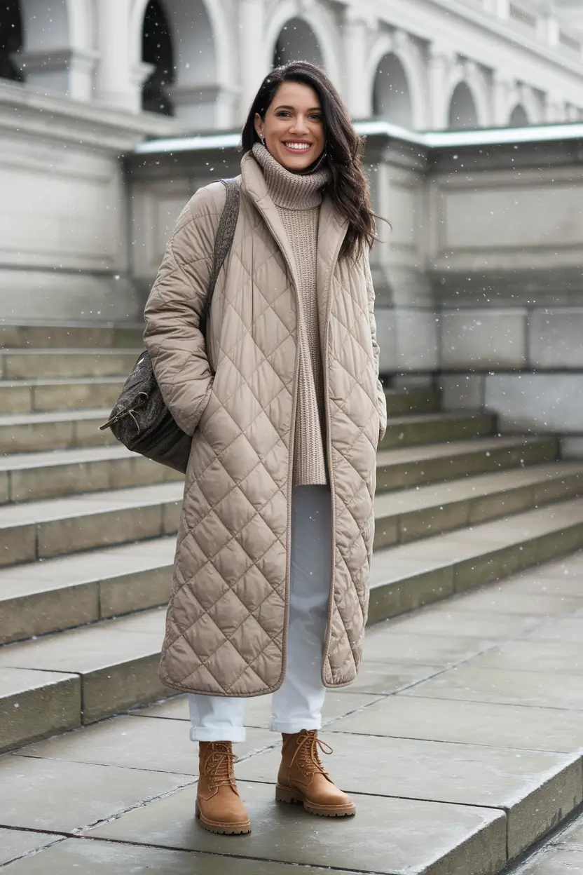 2025 Fall Winter Fashion Cold Weather Outfits Ideas+Winter-Ready Quilted Neutrals with a Smile