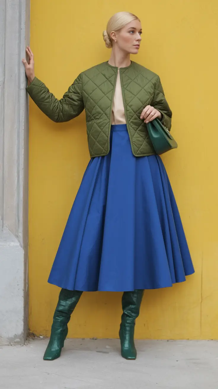 fall winter outfits 2025 Color Blocking with a Bold Blue Skirt