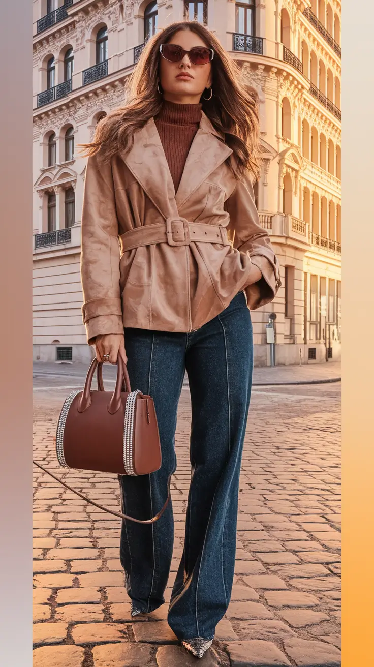 fall winter outfits 2025 Structured Belted Jacket and Retro Denim