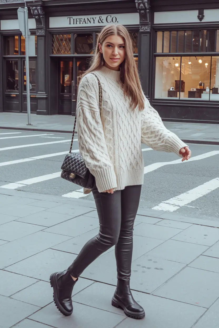 2025 Fall Winter Fashion Cold Weather Outfits Ideas+Cozy Cables and Leather Contrast