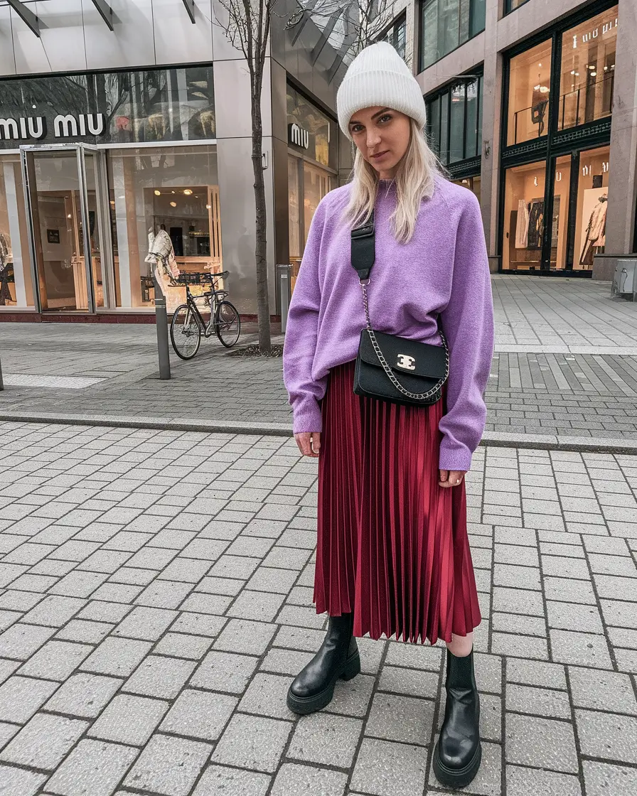 2025 Fall Winter Fashion Cold Weather Outfits Ideas+Pleated Color Clash with Playful Energy