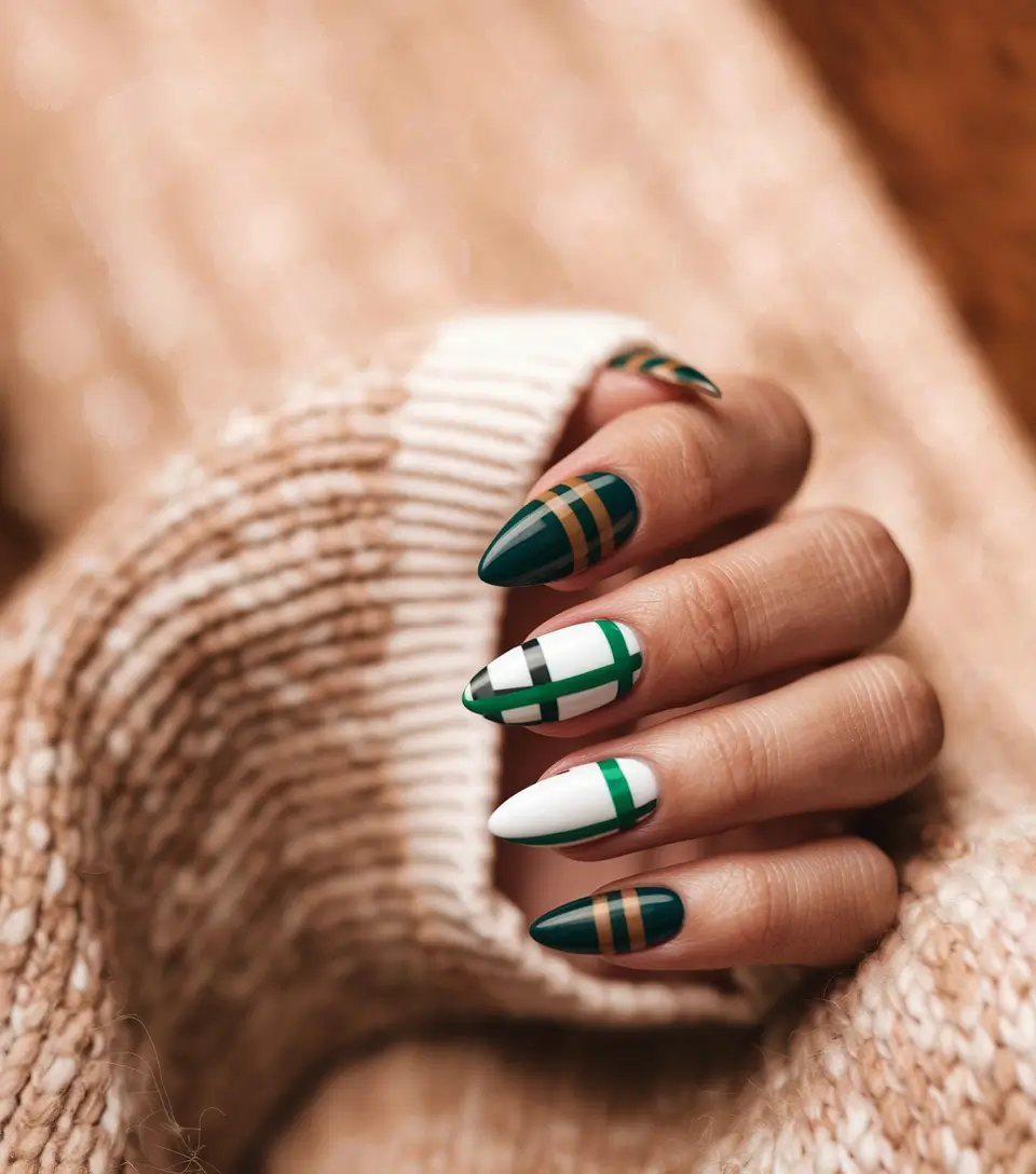 autumn nails designs 2025 Green Plaid Elegance
