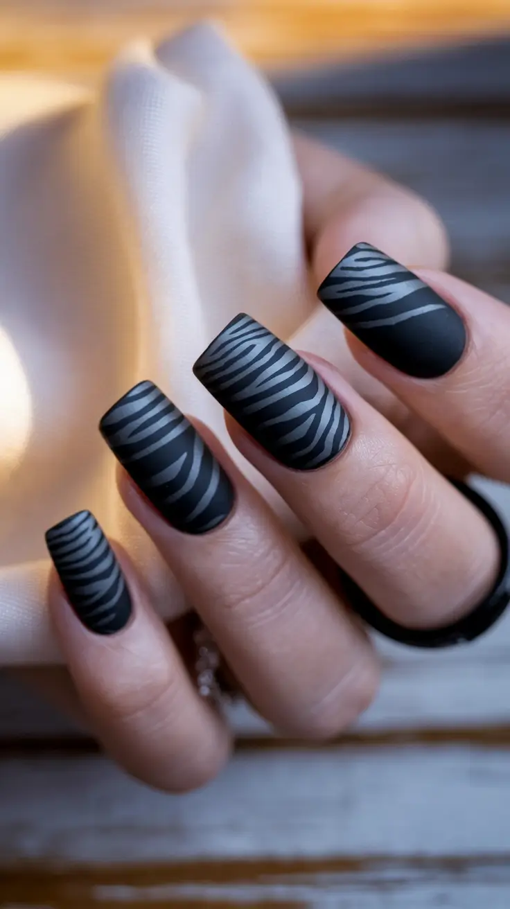 autumn nails designs 2025 Matte Black Zebra Stripes