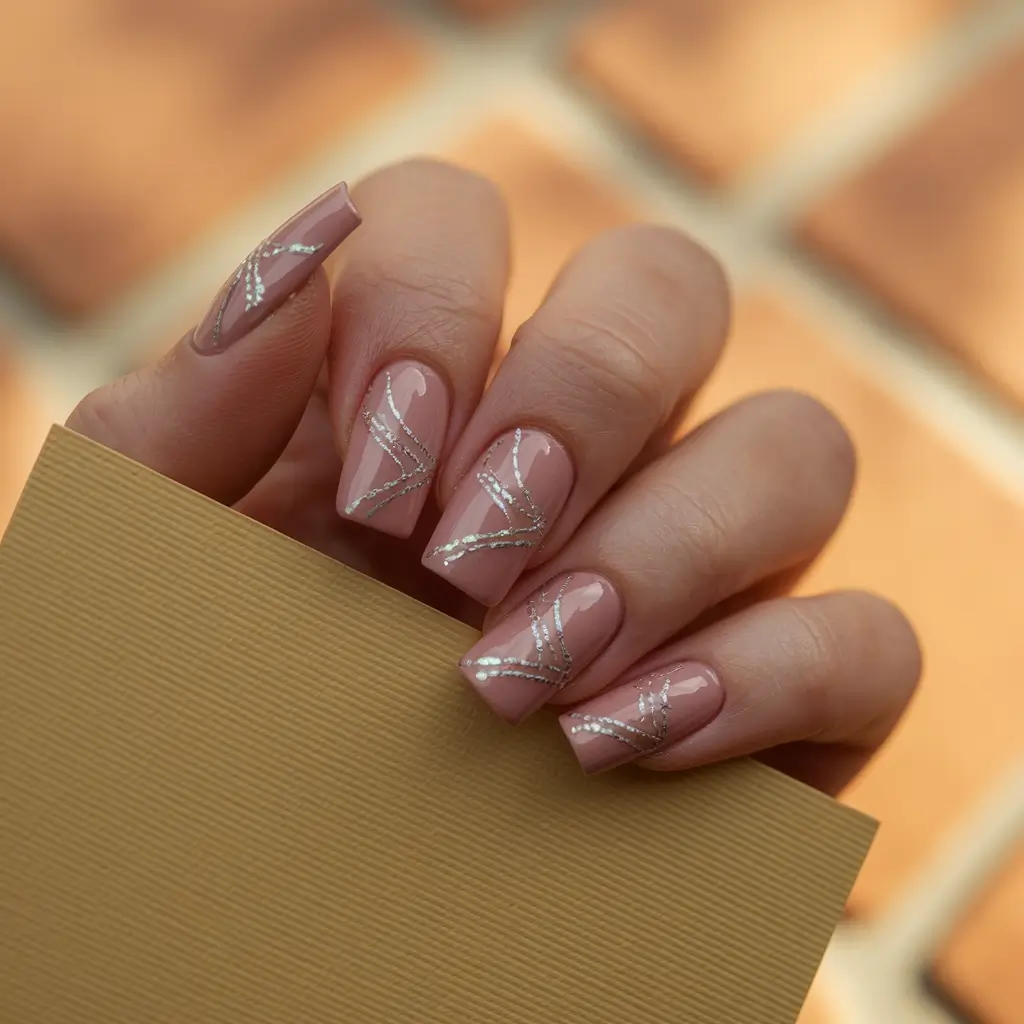 autumn nails designs 2025 Neutral Nude With Silver Lines