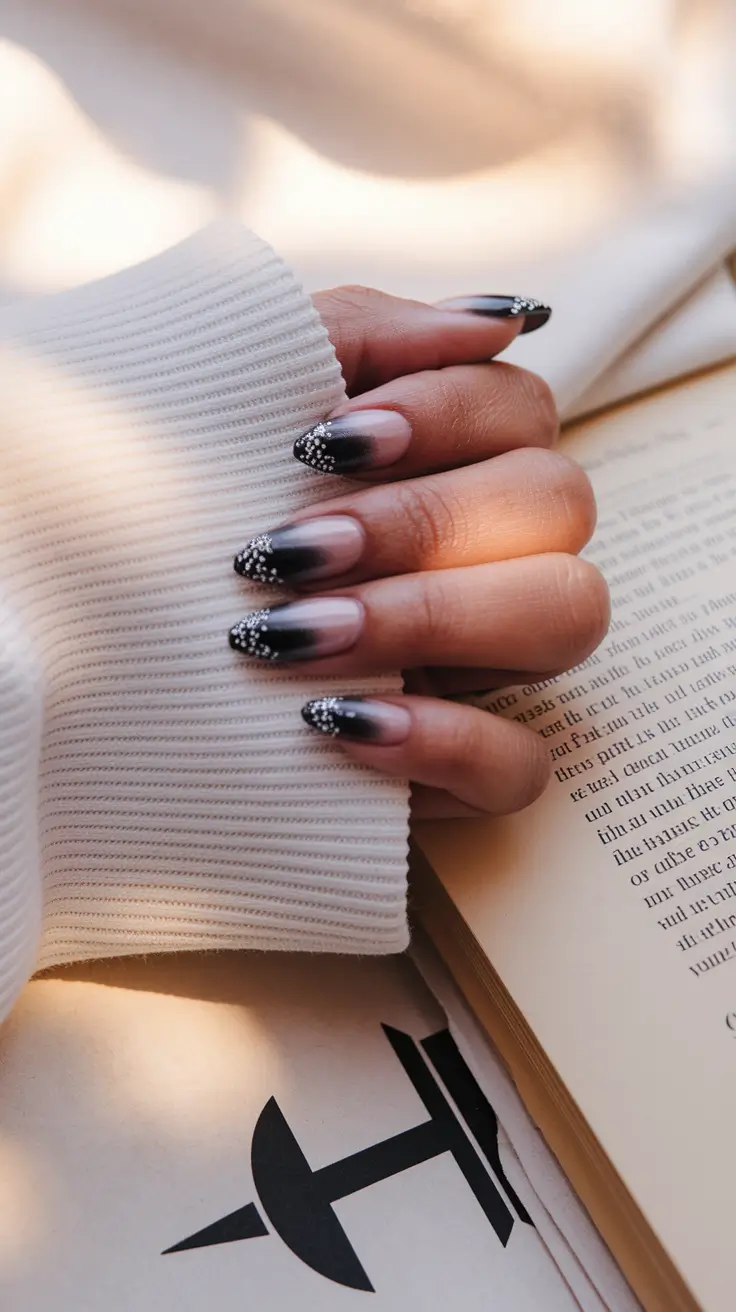 autumn nails designs 2025 Black Ombre With Sparkling Tips