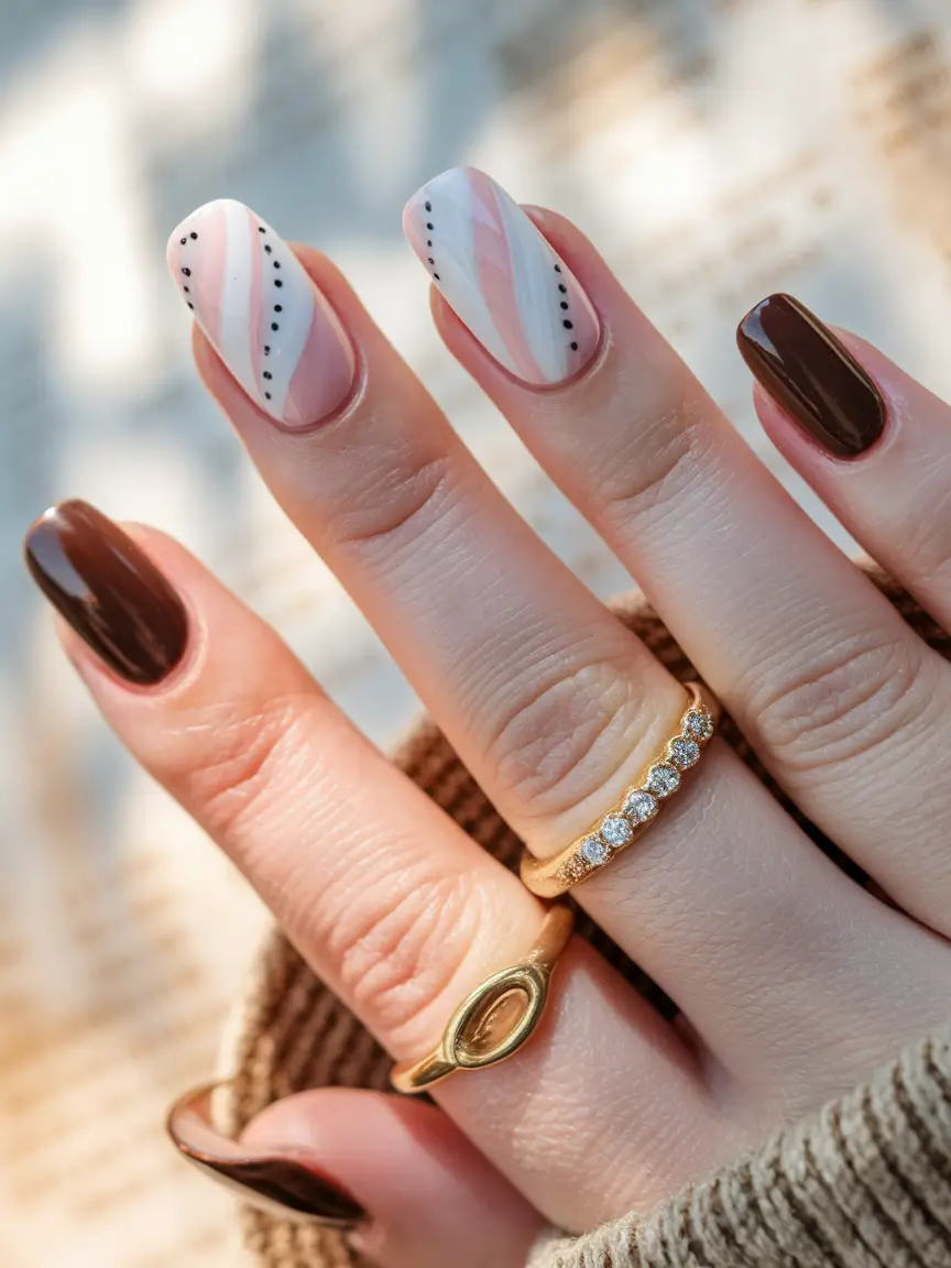 autumn nails designs 2025 Warm Brown Meets Soft Pink Swirls
