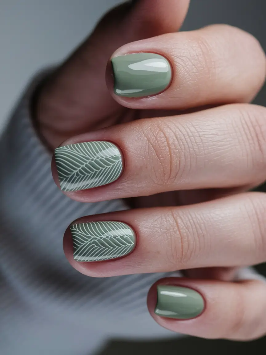 autumn nails designs 2025 Olive Green Minimalist Nature