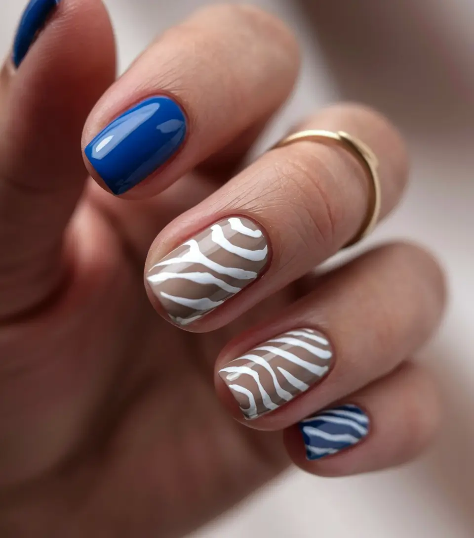 autumn nails designs 2025 Blue and Beige Zebra Mix