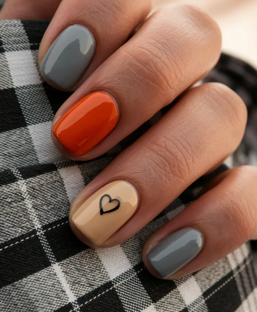 autumn nails designs 2025 Playful Grey Orange and Nude Harmony