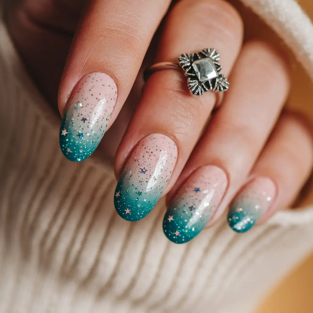 autumn nails designs 2025 Ocean-to-Autumn Gradient Sparkle