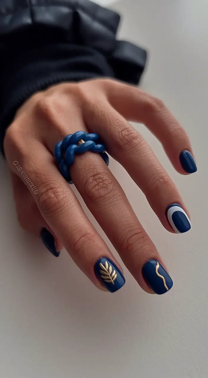 autumn nails designs 2025 Royal Blue With Golden Accents