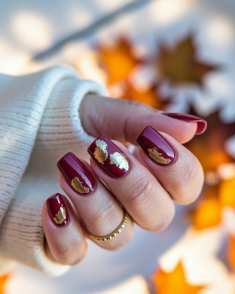 autumn nails designs 2025 Burgundy With Gold Foil Leaves
