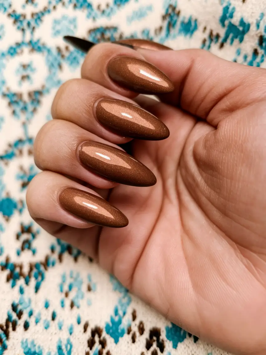 brown fall nails 2025 Golden-Brown Sparkle Almonds