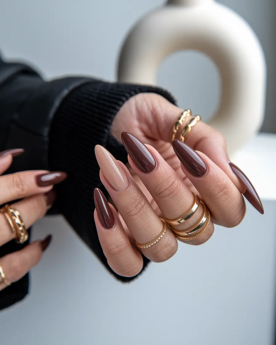brown fall nails 2025 Almond Elegance in Dual Shades