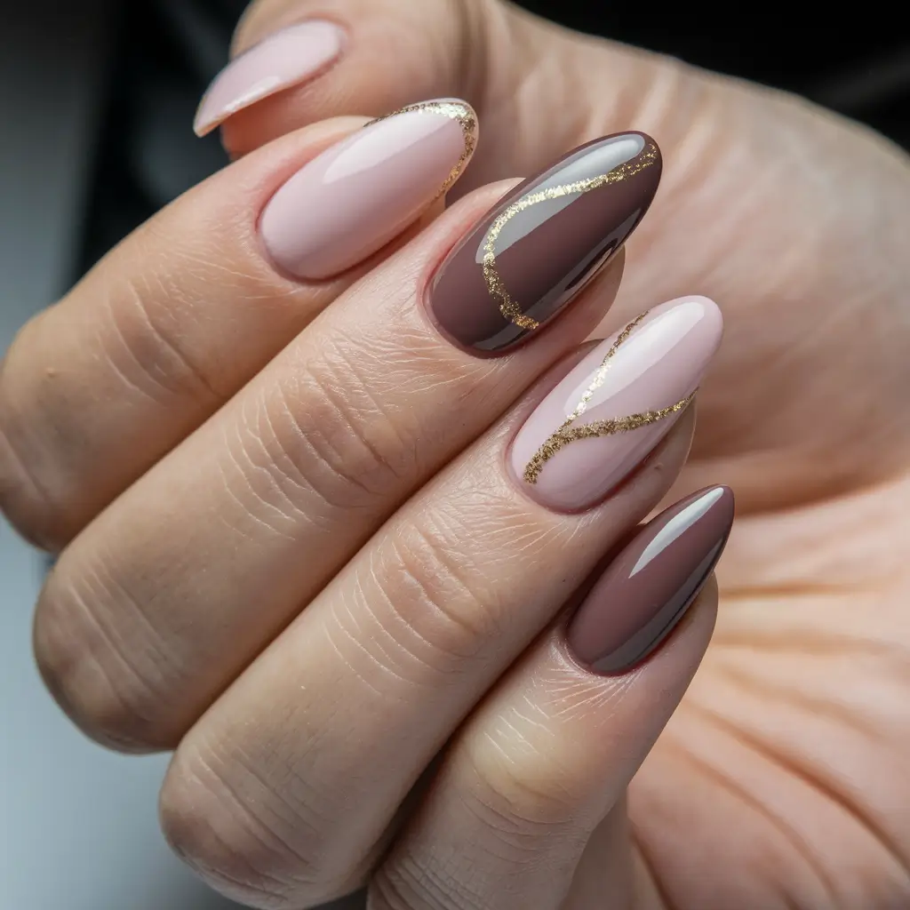 brown fall nails 2025 Pink and Brown with Golden Accents