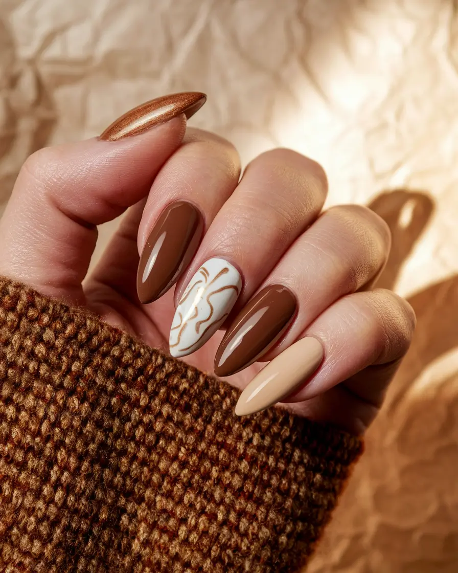 brown fall nails 2025 Abstract Line Almond Browns