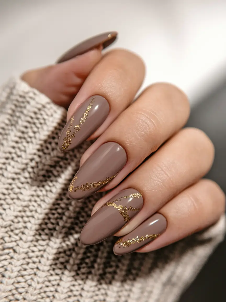 brown fall nails 2025 Gold-Streaked Taupe Almonds