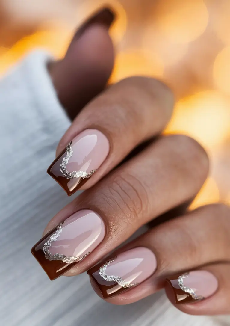 brown fall nails 2025 Square French with Silver Waves