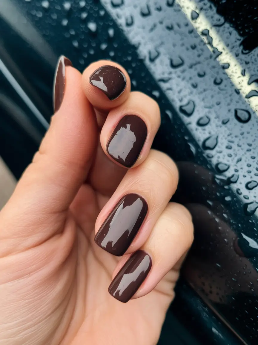 brown fall nails 2025 Glossy Deep Cocoa Shorts