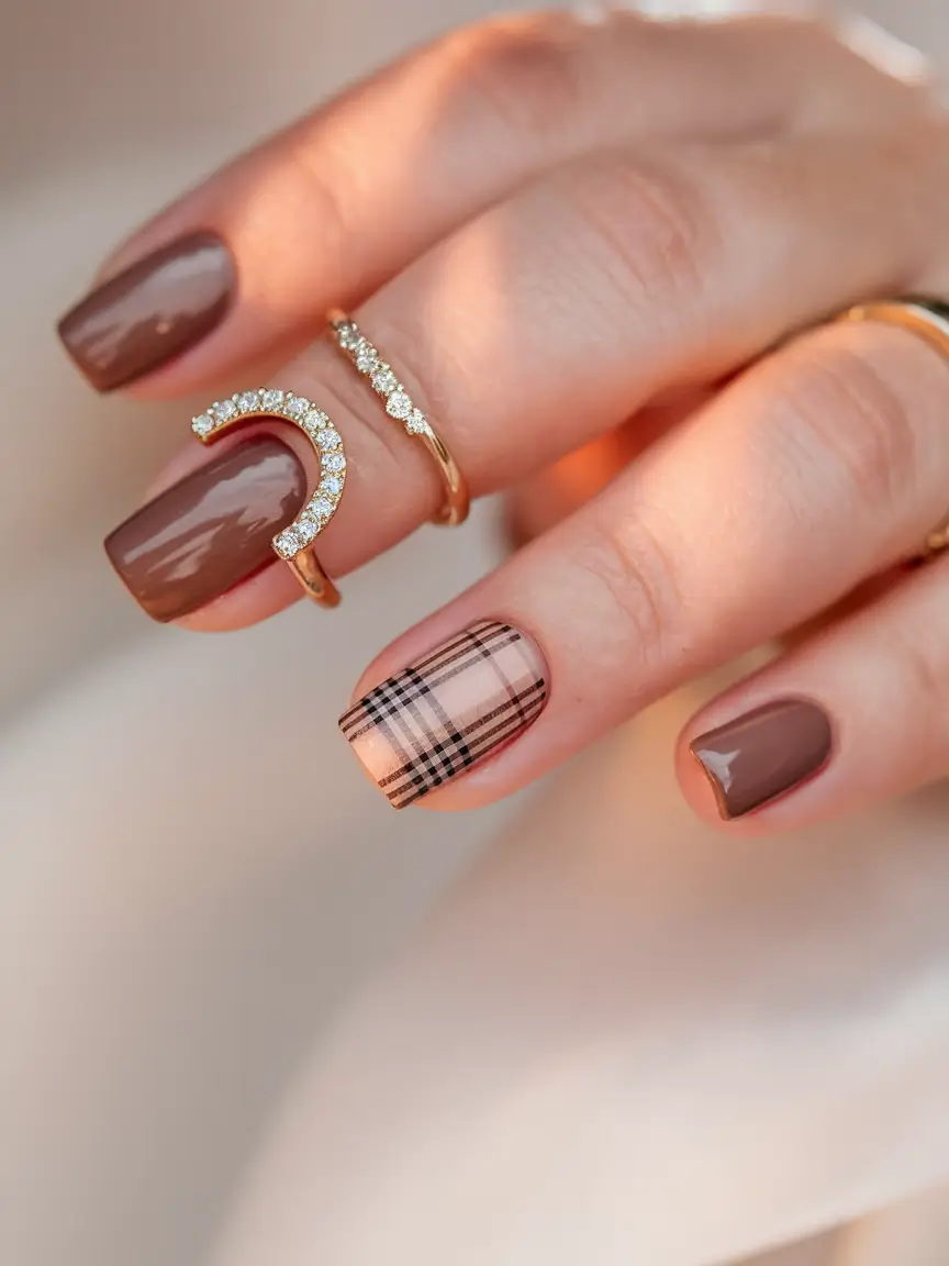 brown fall nails 2025 Plaid Accent Square Browns