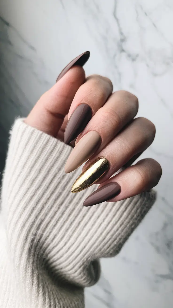 brown fall nails 2025 Matte Browns with a Gold Statement