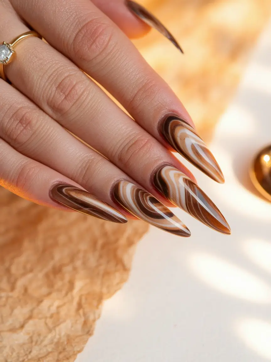 brown fall nails 2025 Retro Swirl Almond Layers