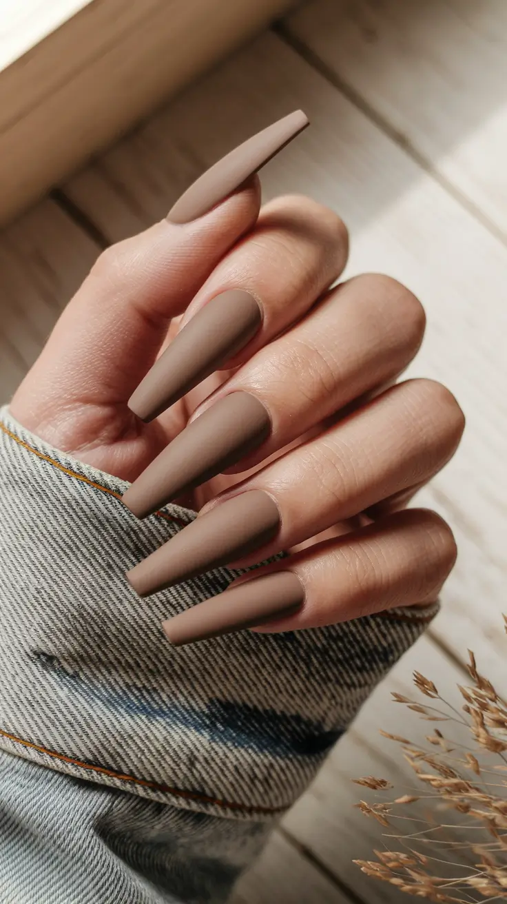 brown fall nails 2025 Matte Taupe Coffin Chic
